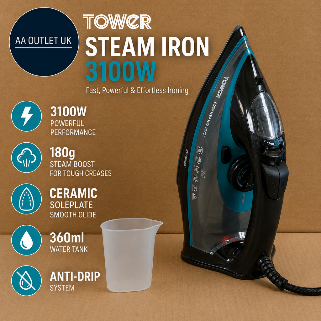 Tower T22013TL Ceramic Steam Iron Fast Heat Up Quick Ironing 180g 3100W Teal