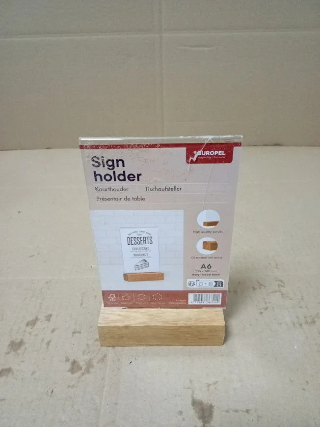 Europel Sign Holder A6 Portrait Durable FSC Certified Oakwood Base Double Sided