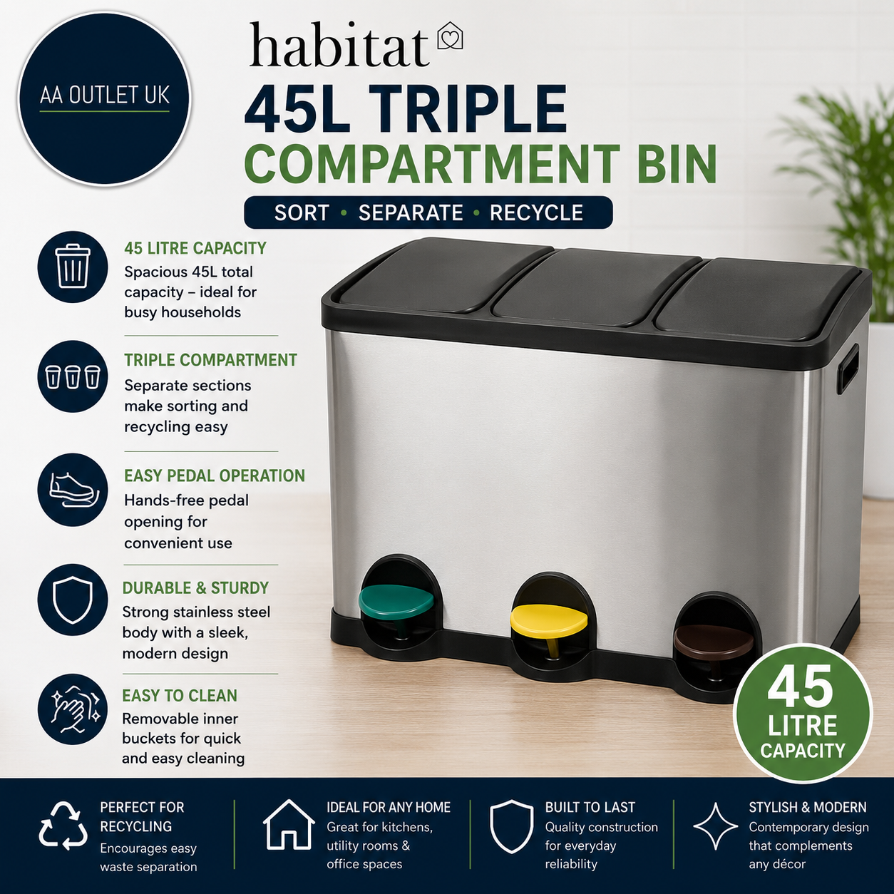 Habitat 45 Litre Triple Compartment Recycling Bin Made From Stainless Steel