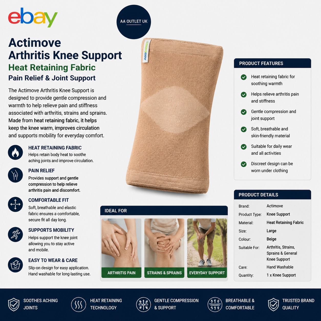 Actimove Arthritis Knee Support Heat Retaining Fabric Beige Large Pain Relief
