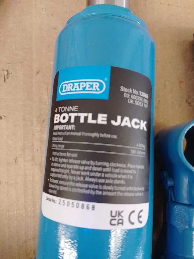 Draper 13066 BJ4B Hydraulic Bottle Jack 4 Tonne Blue High Carbon Steel