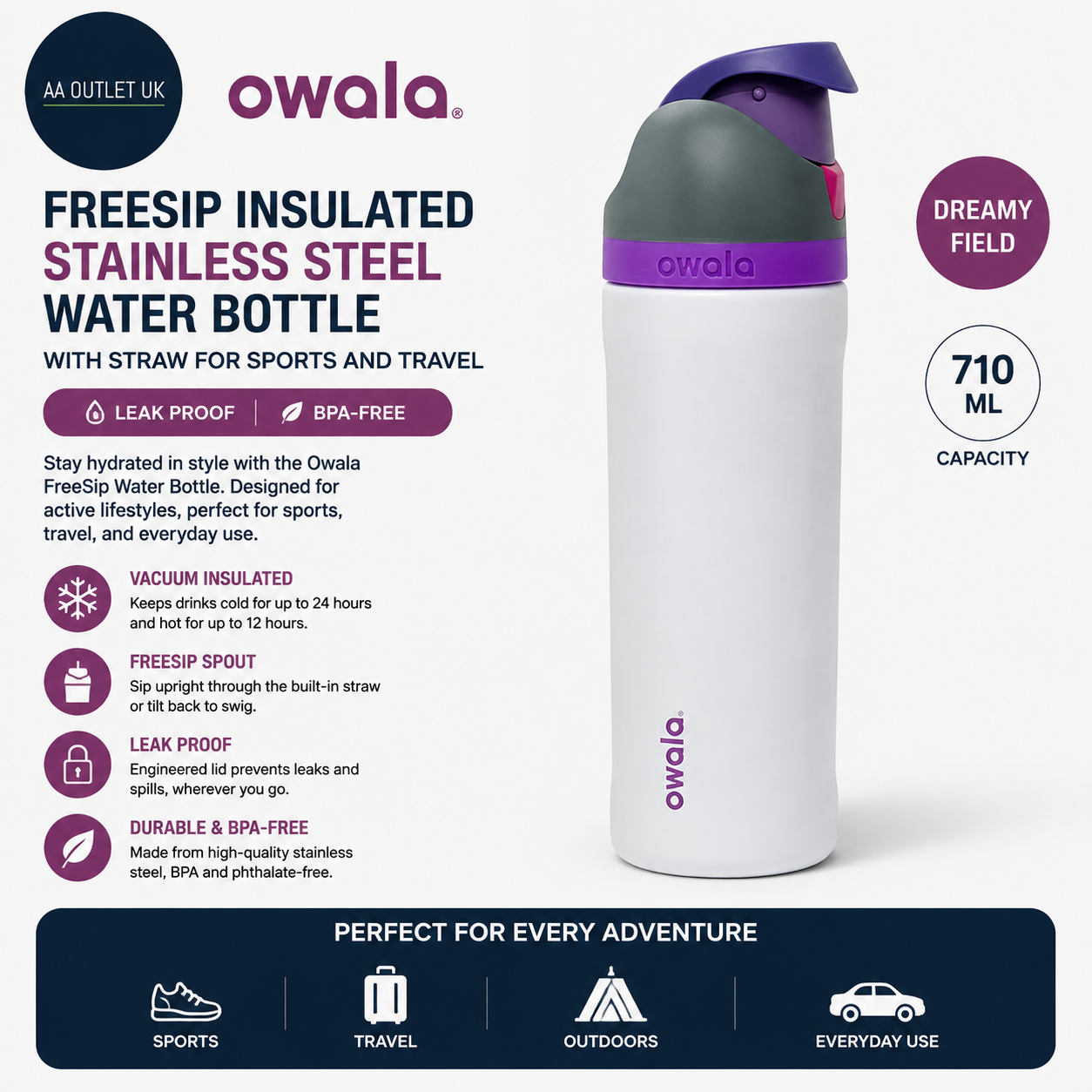 Owala FreeSip Insulated Stainless Steel Water Bottle Straw 710ml Dreamy Field