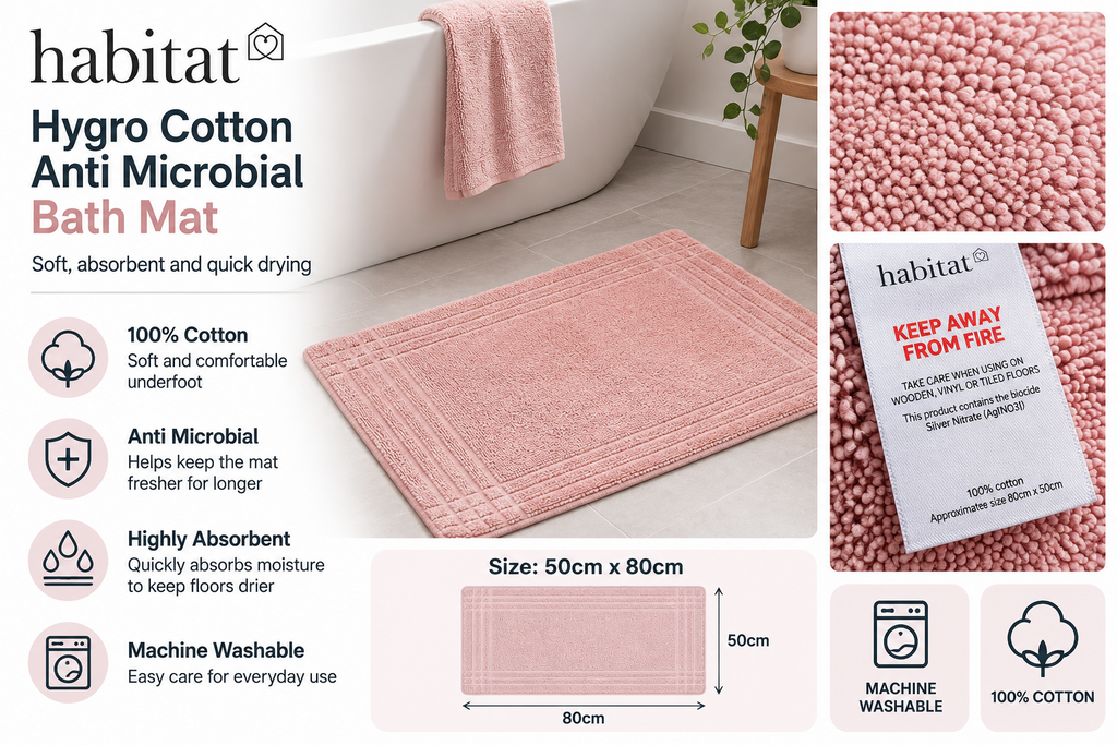 Habitat Hygro Cotton Anti Microbial Bath Mat Blush 80x50cm Machine Washable
