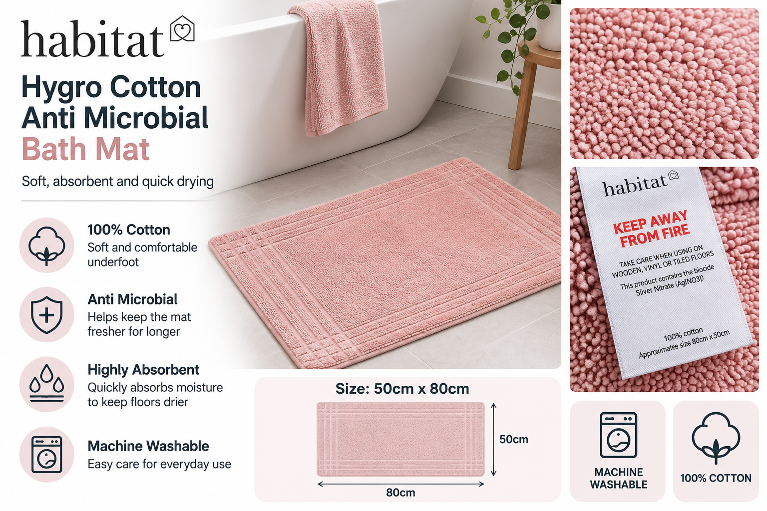 Habitat Hygro Cotton Anti Microbial Bath Mat Blush 80x50cm Machine Washable