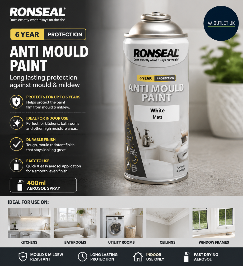 Ronseal Anti Mould Spray Paint 400ml White Matt 6 Year Protection Aerosol