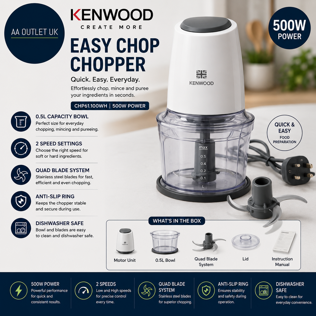 Kenwood Easy Chop Chopper 0.5L Bowl 2 Speeds Quad Blade System Anti Slip Rin