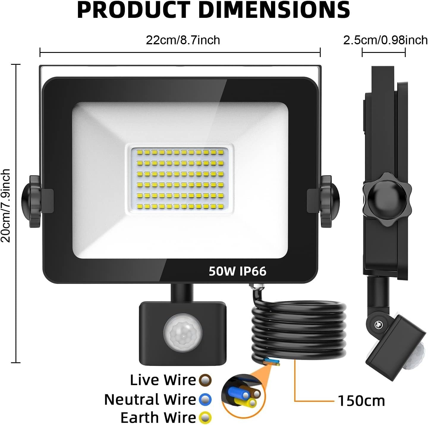 Aomeya Motion Sensor Outdoor Security Light 50W 4750 Lumen LED Floodlights New