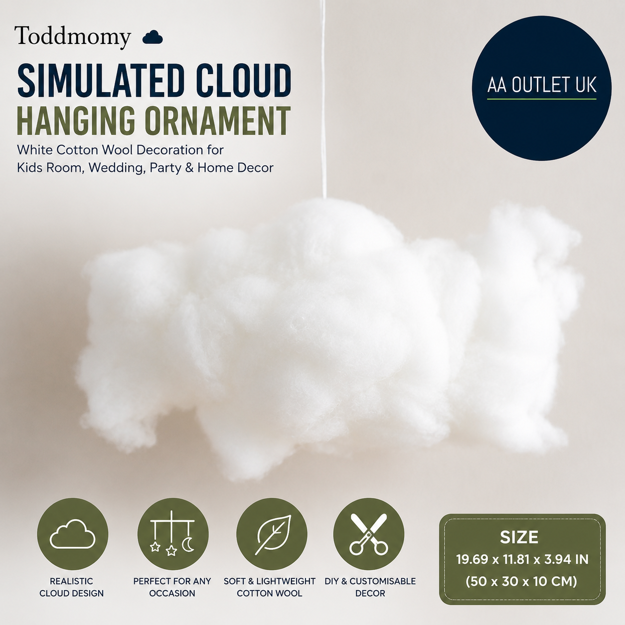 Toddmomy Simulated Cloud Hanging Ornament 19.69x11.81x3.94in White Cotton Wool