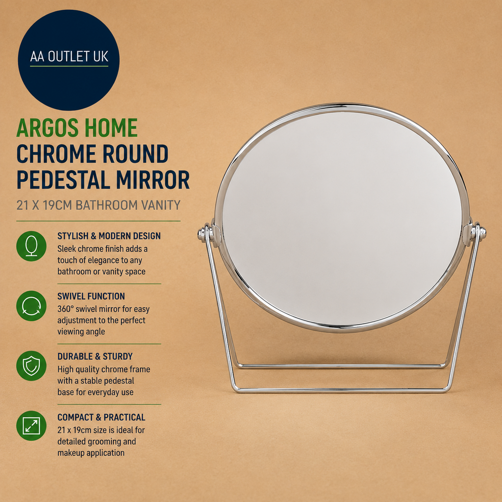 Argos Home Chrome Round Pedestal Swivel Mirror 21x19cm Bathroom Vanity Design