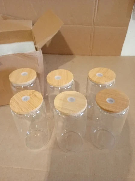Eidoct 480ml Transparent Can Glass Cups Wooden Lid Straw Reusable New