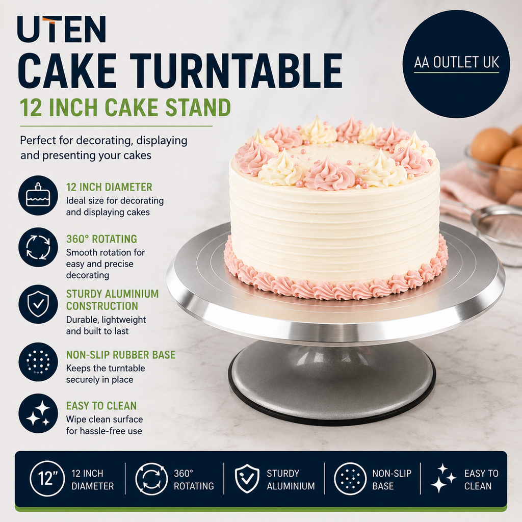 Uten Cake Turntable 12in Aluminium Stand Decorating Display Revolving 31x31x13cm