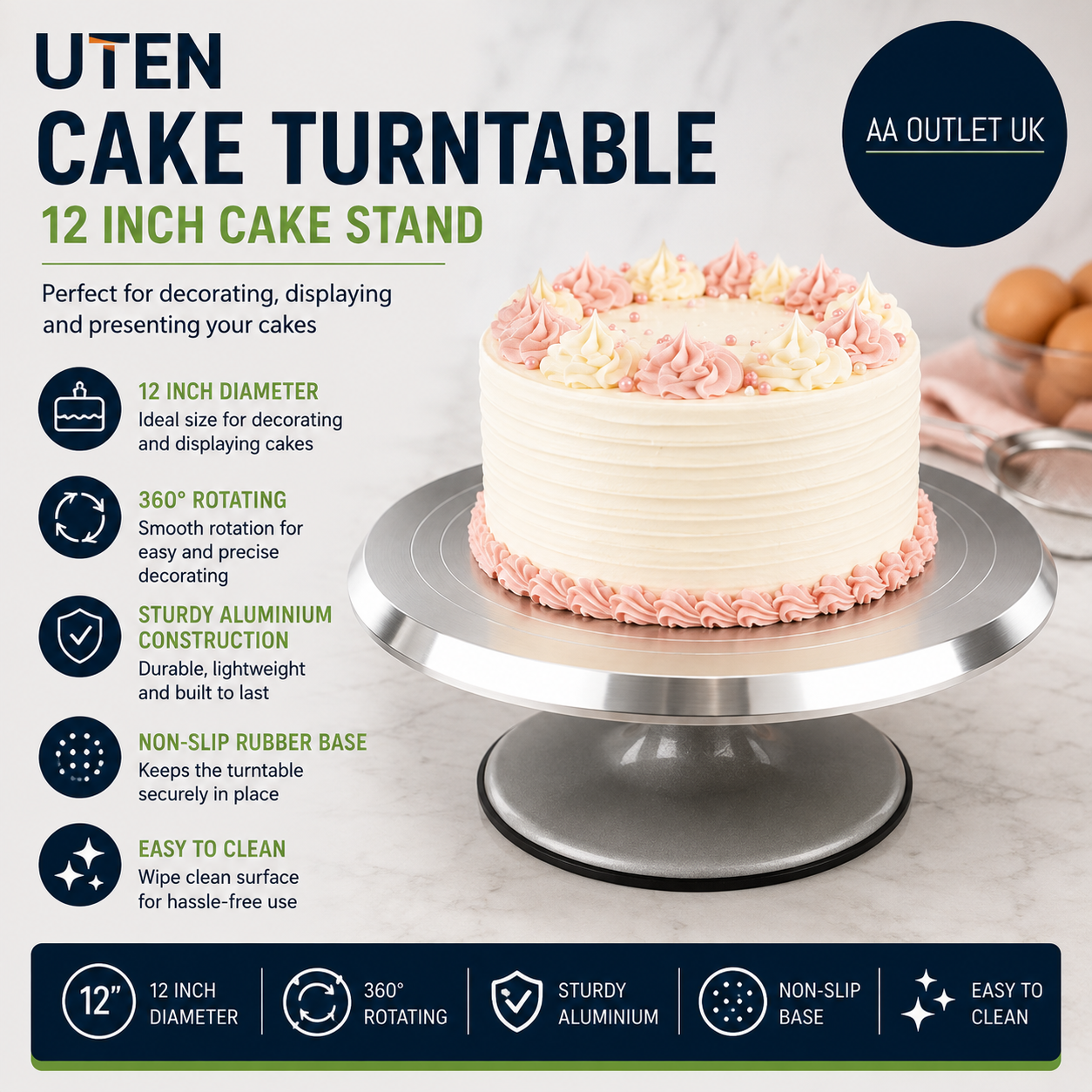 Uten Cake Turntable 12in Aluminium Stand Decorating Display Revolving 31x31x13cm