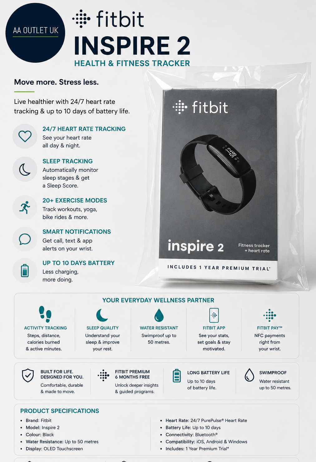 Fitbit Inspire 2 Health & Fitness Tracker 24/7 Heart Rate To 10 Days Battery