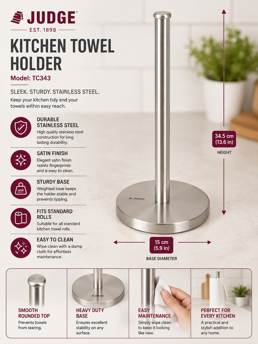 Judge TC343 Kitchen Towel Holder Satin Finish Stainless Steel Easy Clean Silver
