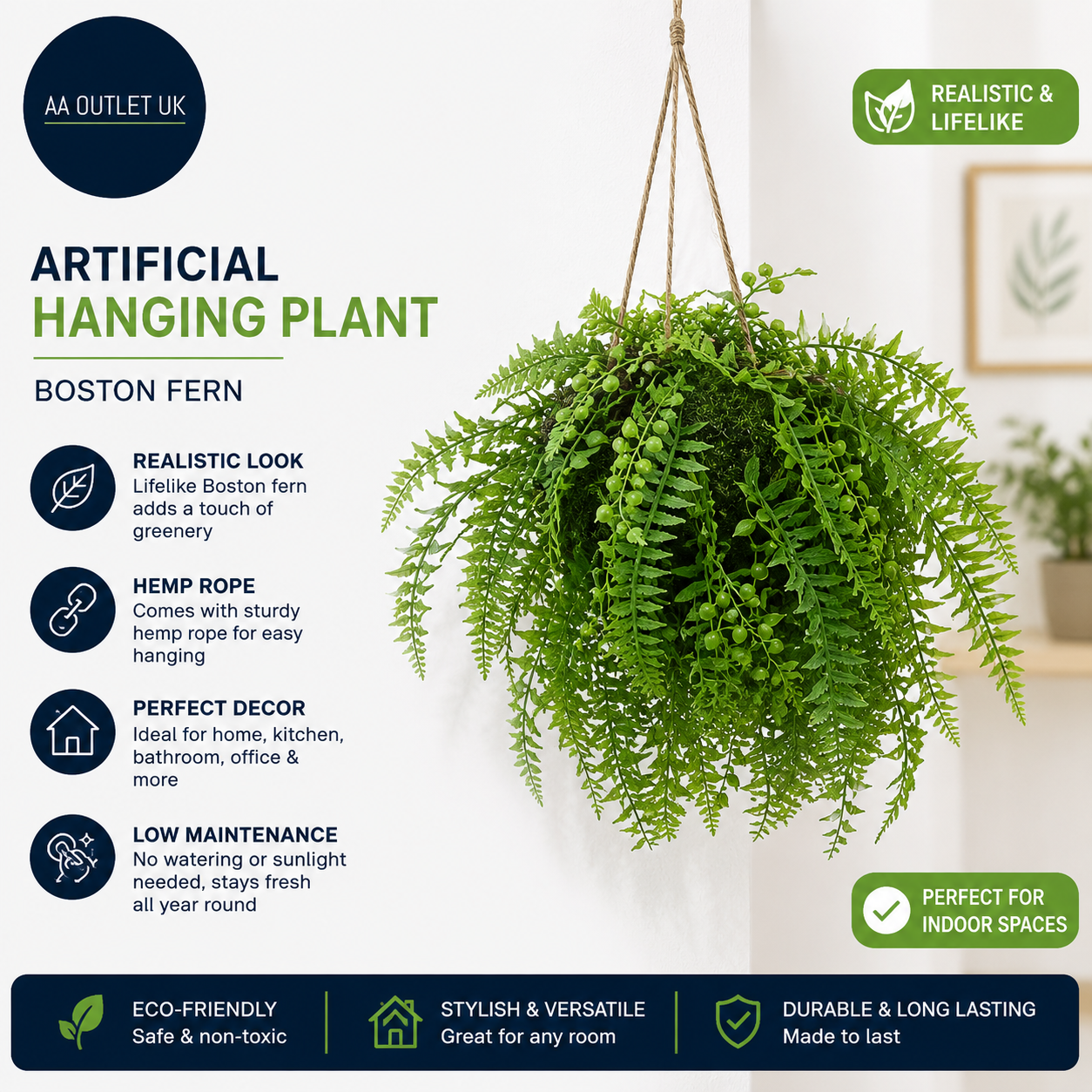Briful 13.8in Artificial Hanging Plant Hemp Rope Fake Plants Boston Fern Hanging