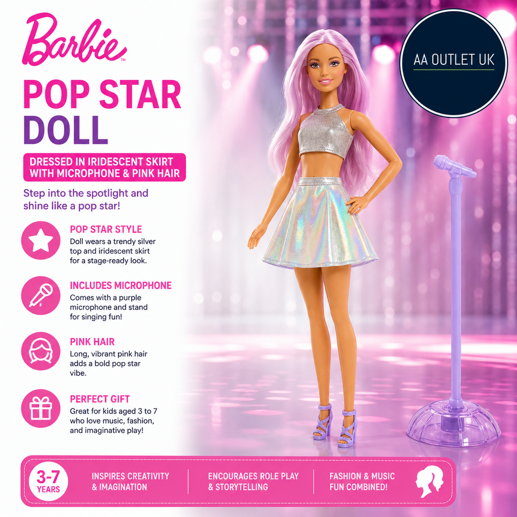 Barbie Pop Star Doll Dressed In Iridescent Skirt Microphone Pink Hair 3+