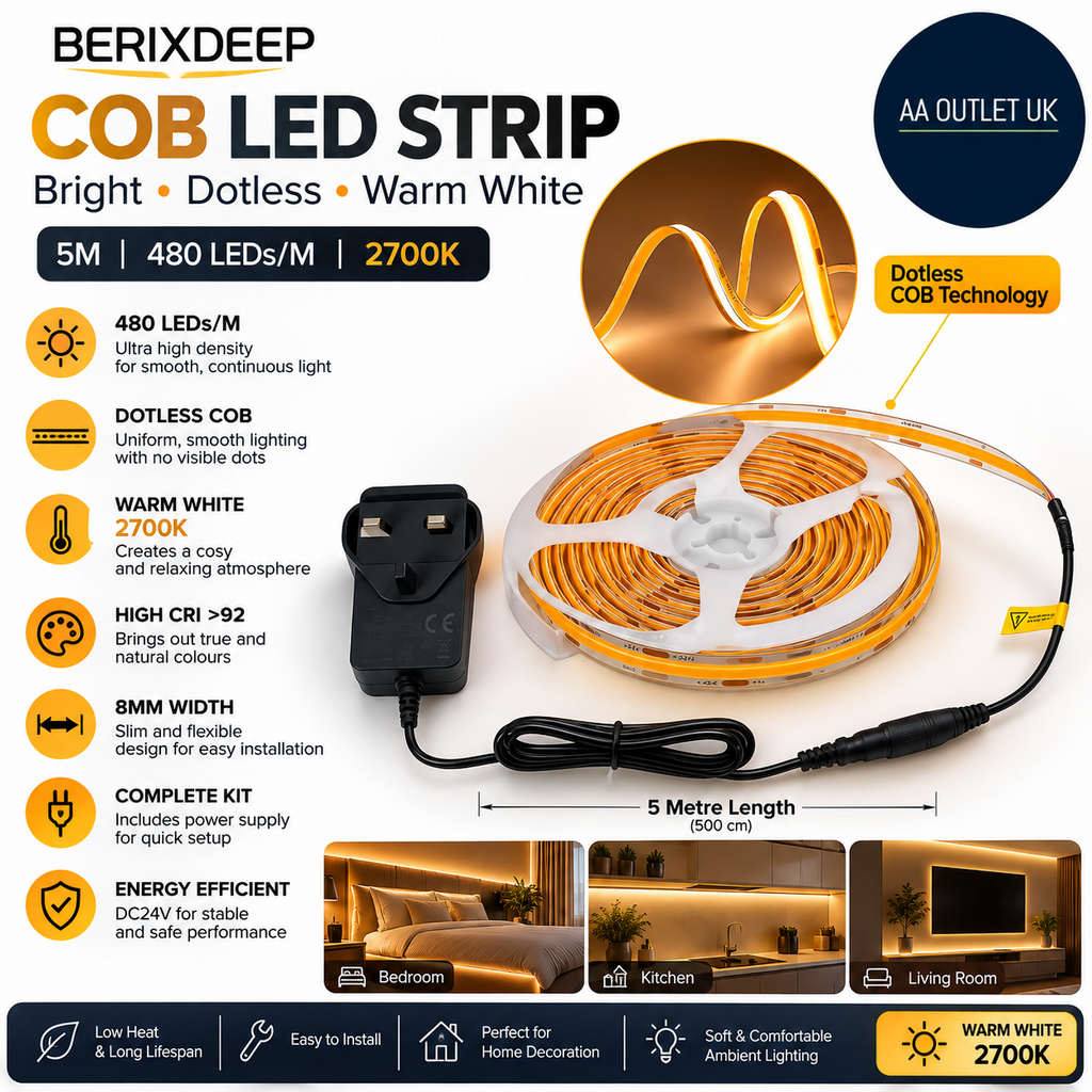 Berizdeep COB LED Strip 5m 480LEDs/M High Bright Dotless LED Tape Warm White