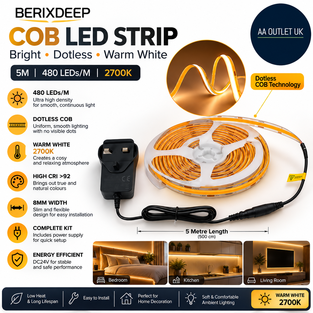 Berizdeep COB LED Strip 5m 480LEDs/M High Bright Dotless LED Tape Warm White
