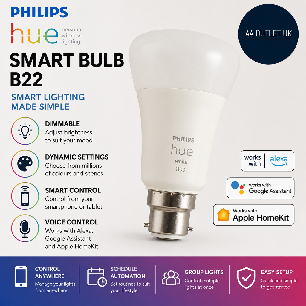 Philips Hue Smart Bulb B22 Dimmable Dynamic Settings Works Alexa Google Apple