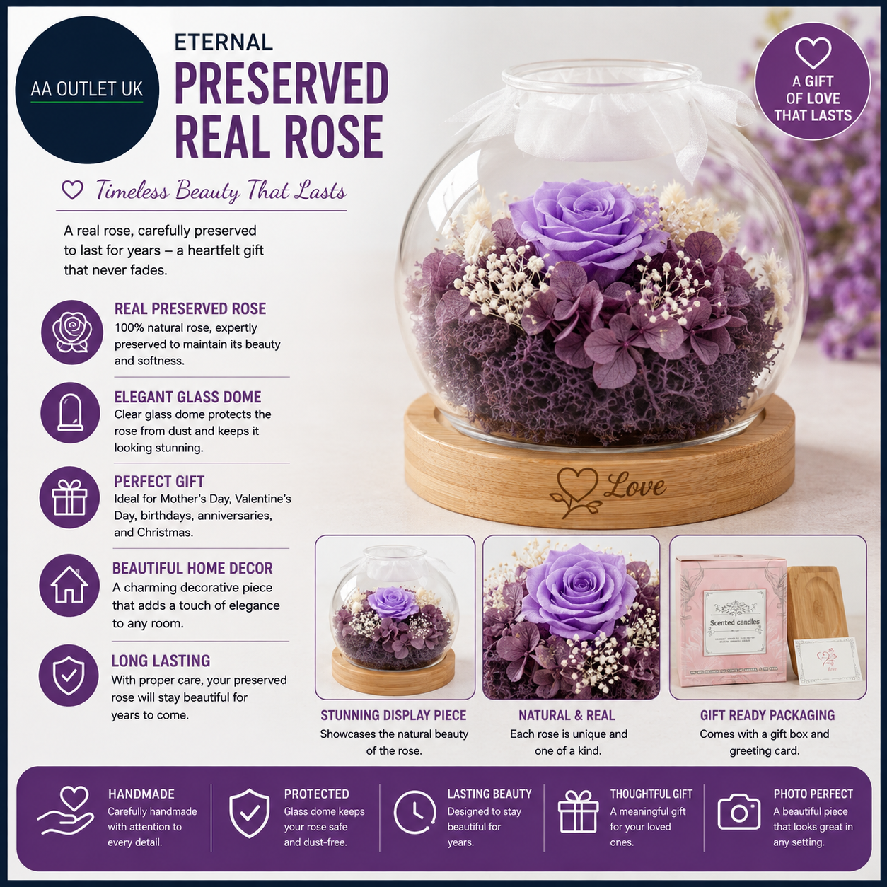Eternal Preserved Real Rose Glass Dome Gift Mothers Day Valentine Christmas
