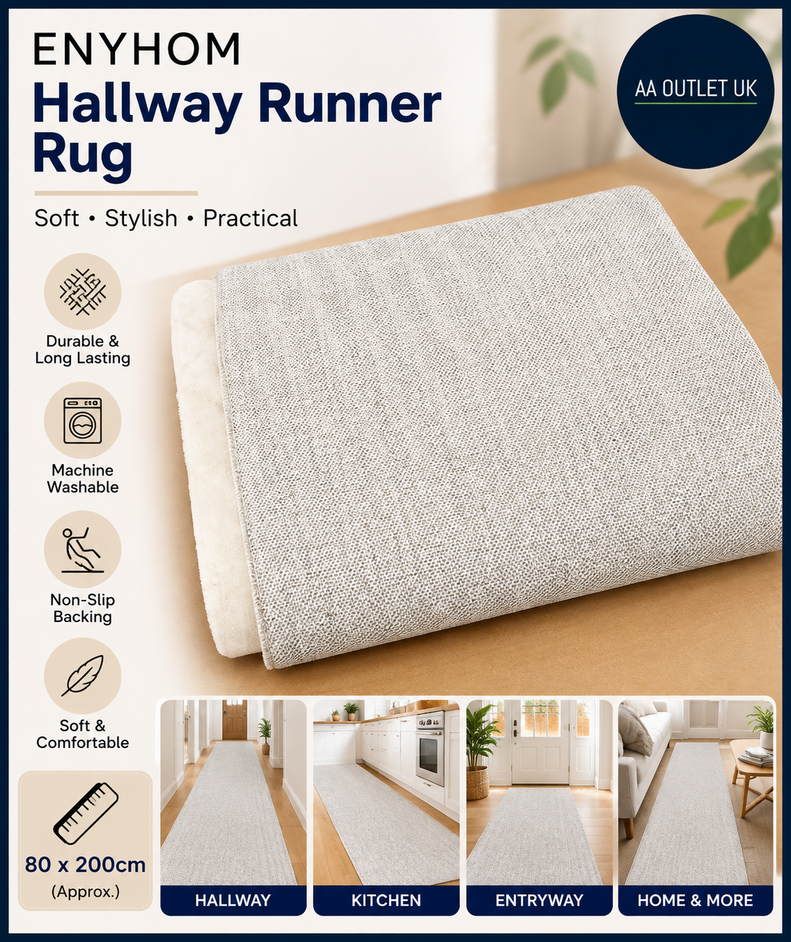 Enyhom Hallway Runner 80x200cm Beige Hallway Corridor Kitchen Washable Rugs