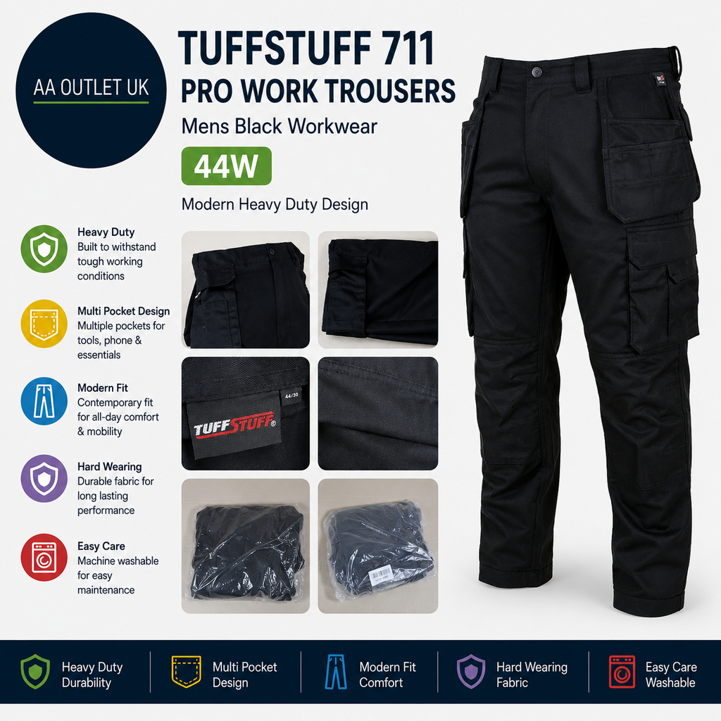 TuffStuff 711 Pro Work Trousers Mens Black Workwear 44W Modern Heavy Duty Design