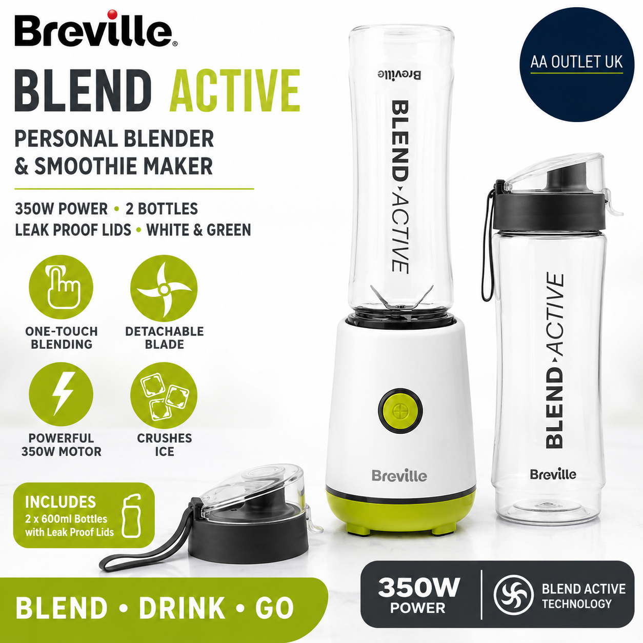 Breville Personal Blender Smoothie Maker 350W 2 Portable Blend Active 600ml