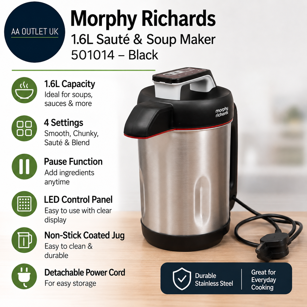 Morphy Richards 1.6L Saute Soup Maker 4 Settings Pause Function LED Control