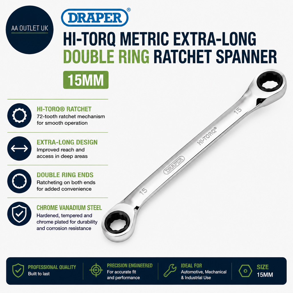 Draper 27771 Hi Torq Metric Extra Long Double Ring Ratchet Spanner 15mm