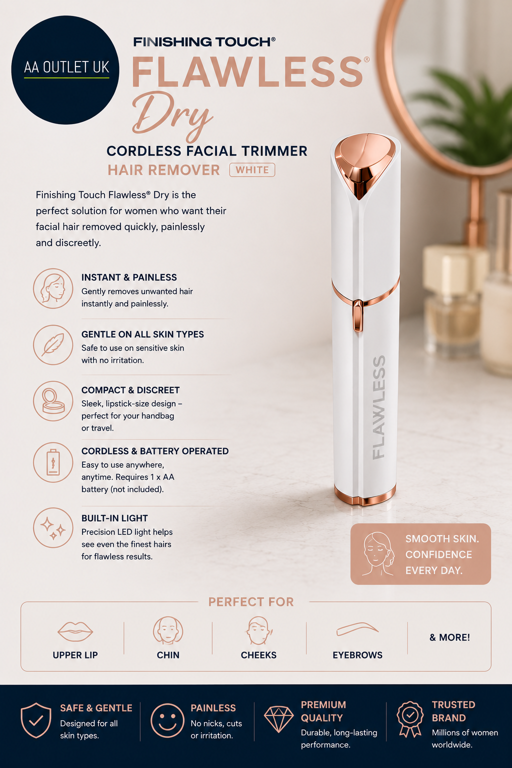 Finishing Touch Flawless Dry Cordless Facial Trimmer Hair Remover White
