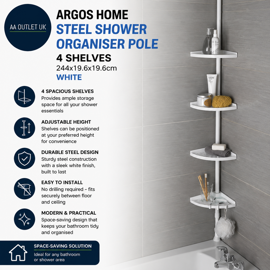 Argos Home Steel Shower Organiser Pole 4 Shelves 244x19.6x19.6cm White