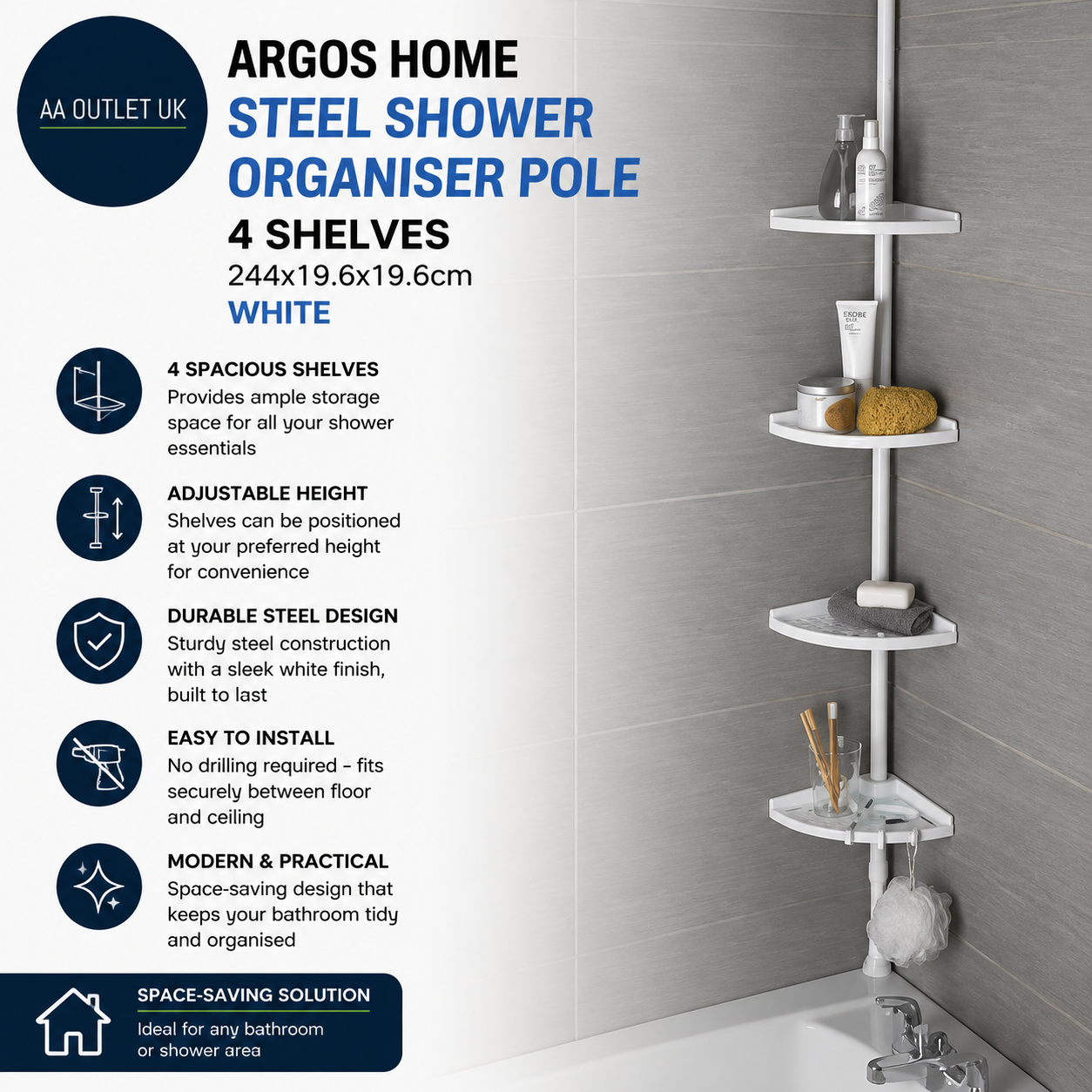 Argos Home Steel Shower Organiser Pole 4 Shelves 244x19.6x19.6cm White