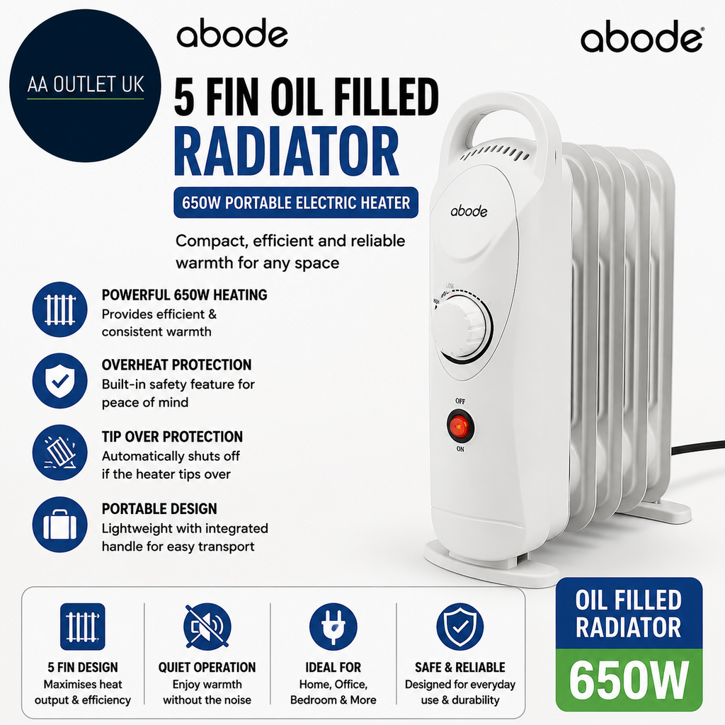 Abode 5 Fin Oil Filled Radiator 650W Portable Electric Heater White AOFR5001