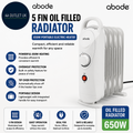 Abode 5 Fin Oil Filled Radiator 650W Portable Electric Heater White AOFR5001