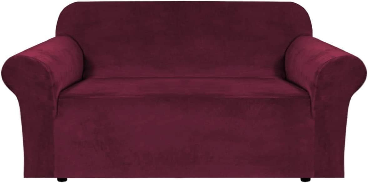 BellaHills Stretch Velvet Sofa Covers Cushion Couch Covers 2 Seater Burgundy