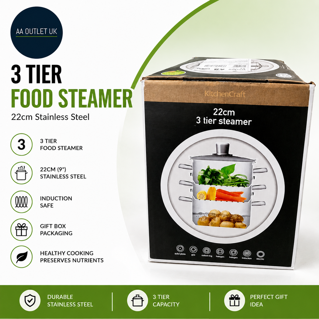 KitchenCraft 3 Food Steamer Pan Stock Pot Steamer 3 Tier Induction Safe 22cm
