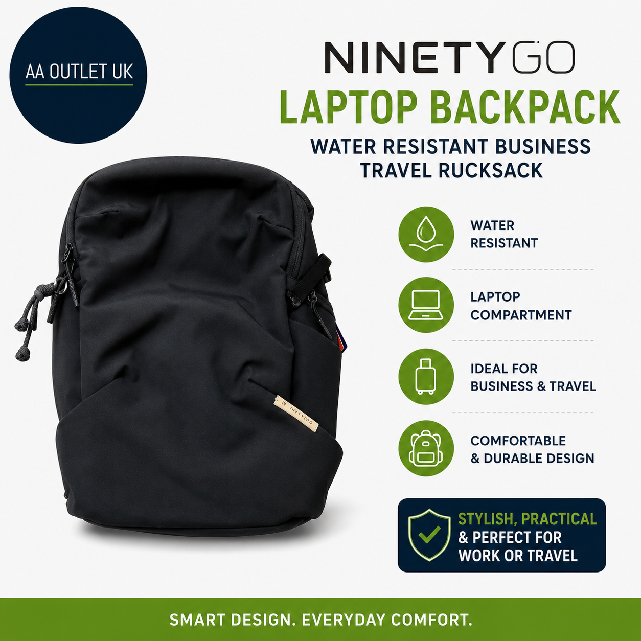 Ninetygo Laptop Backpack Water Resistant Business Travel Rucksack Black New