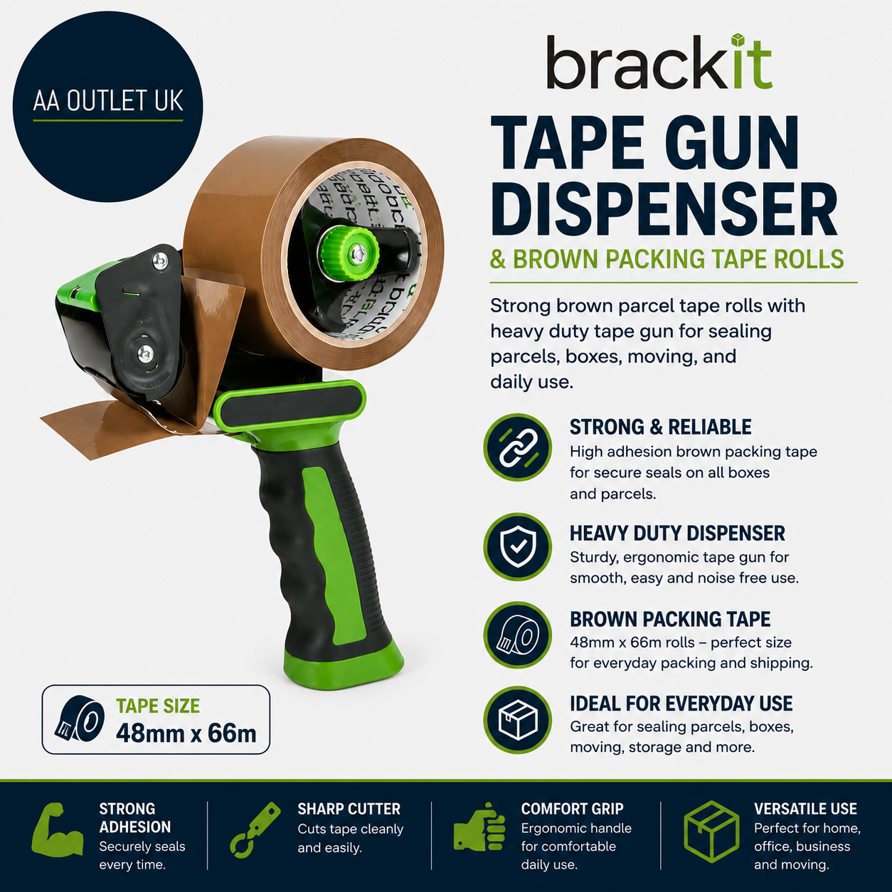 Brackit Tape Gun Dispenser Brown Packing Heavy Duty Tape Roll 48mmx66m