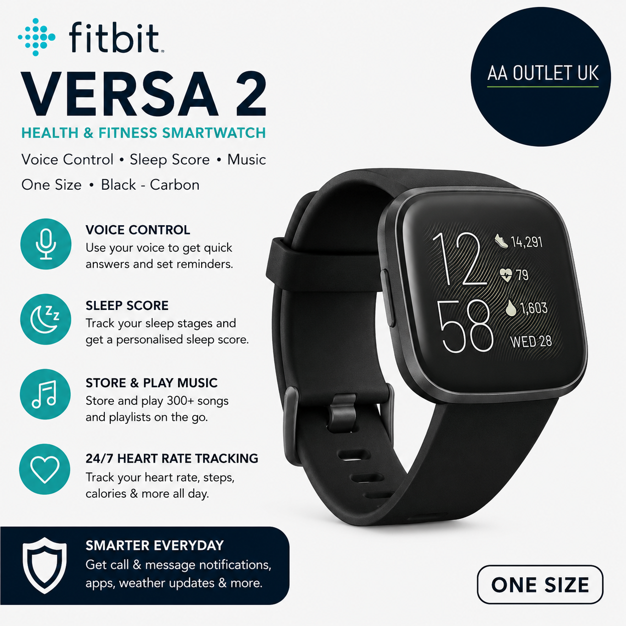 Fitbit Versa 2 Health Fitness Smartwatch Black Carbon Bands Included