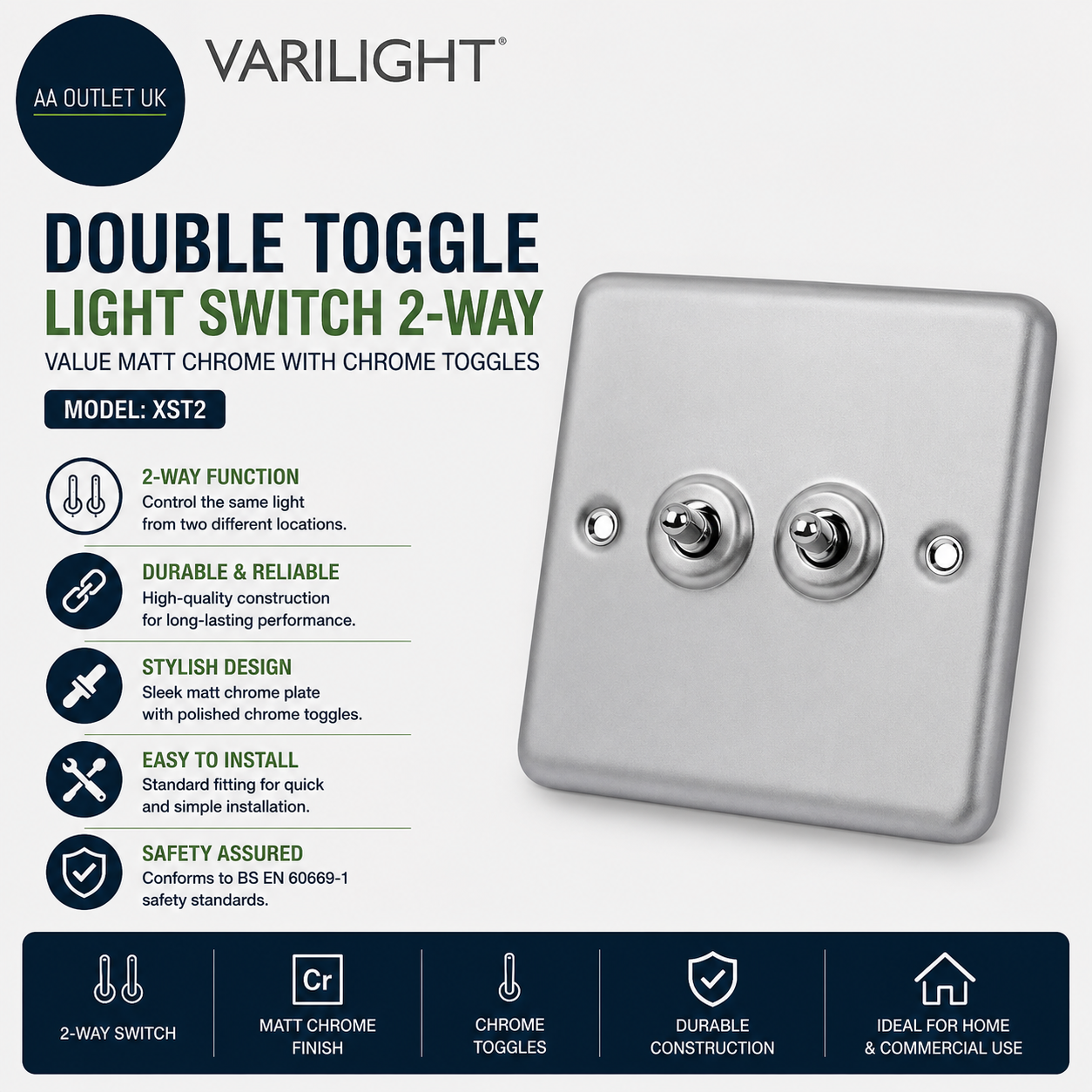 Varilight Double Toggle Light Switch 2 Way Value Matt Chrome XST2