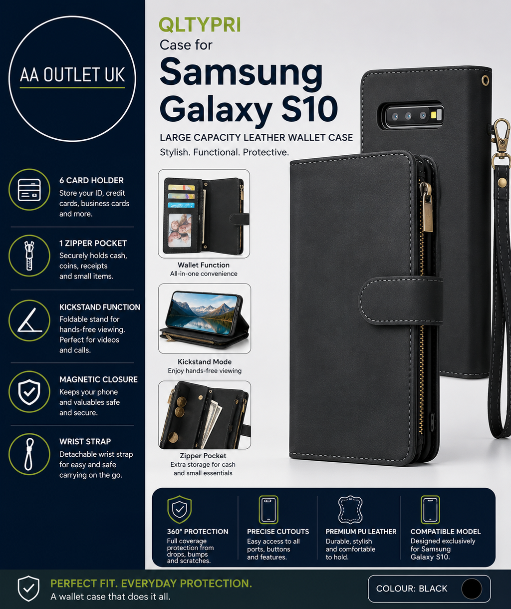 QLTYPRI Case Samsung Galaxy S10 Large Capacity Leather Wallet Case 6 Card Holder