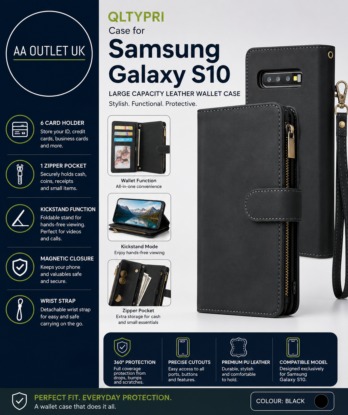 QLTYPRI Case Samsung Galaxy S10 Large Capacity Leather Wallet Case 6 Card Holder