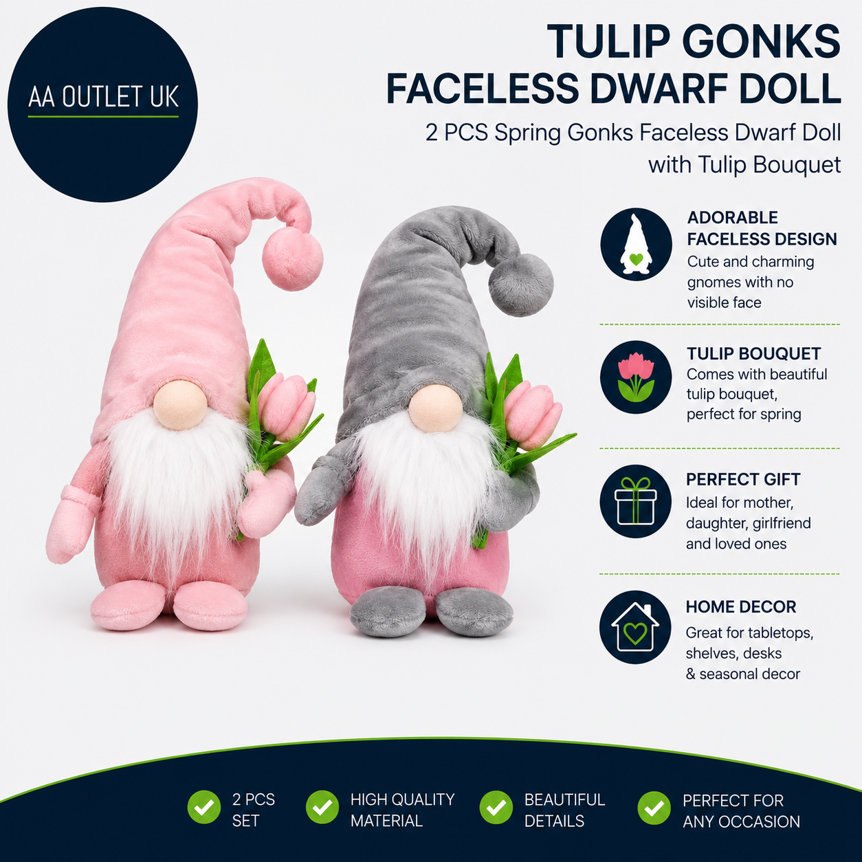 KBIBCK Tulip Gonks Faceless Dwarf Doll 2Pcs Spring Gnomes Ornament New