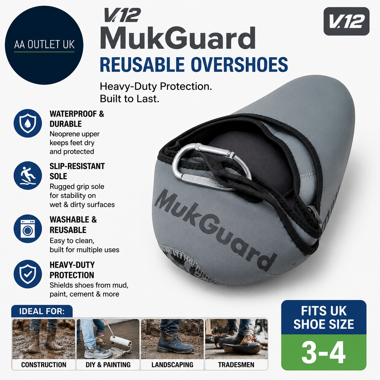 V12 MukGuard Reusable Overshoes Washable Slip Resistant Heavy Duty UK 3-4
