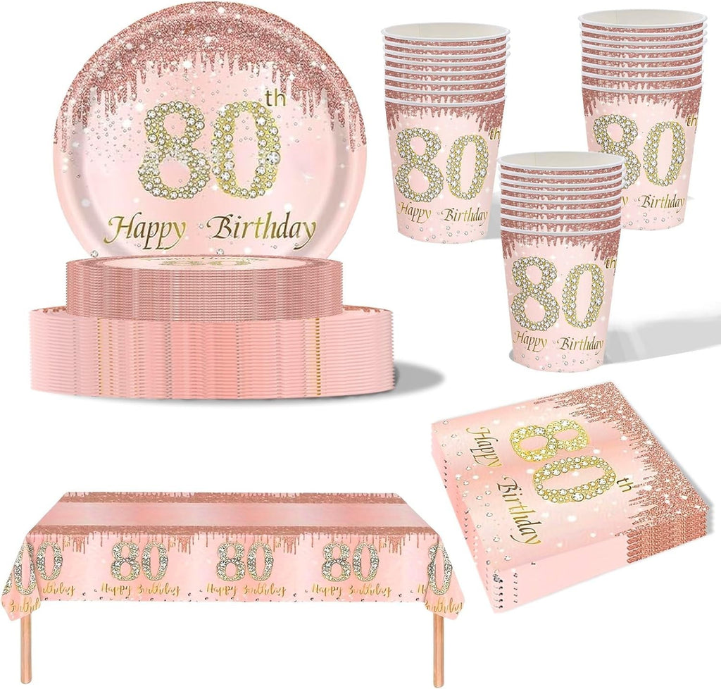 69pcs Rose Gold 80th High Quality Birthday Party Tableware Pink Set New