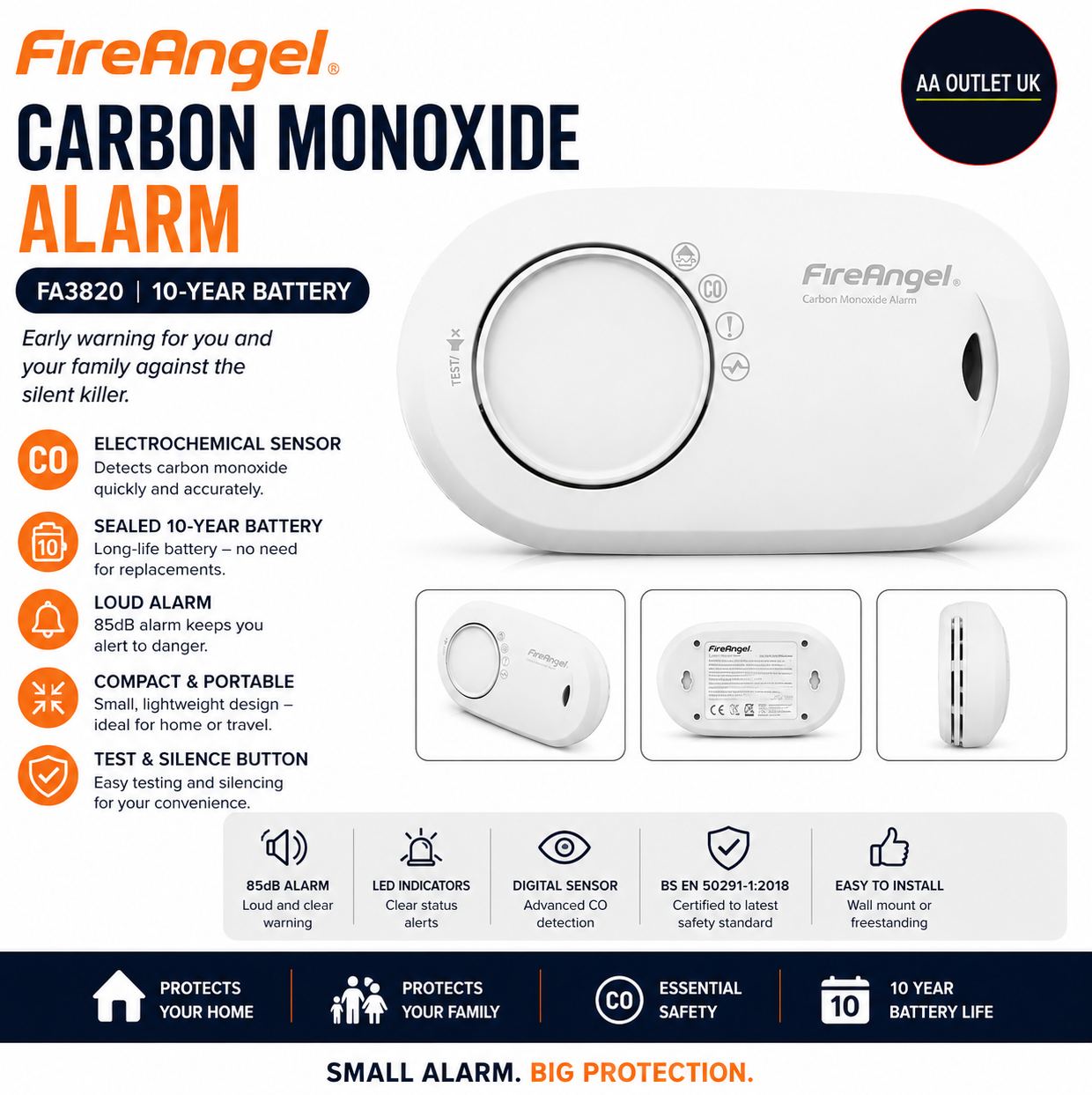 FireAngel FA3820 Carbon Monoxide Detector Portable Modern Durable Design White