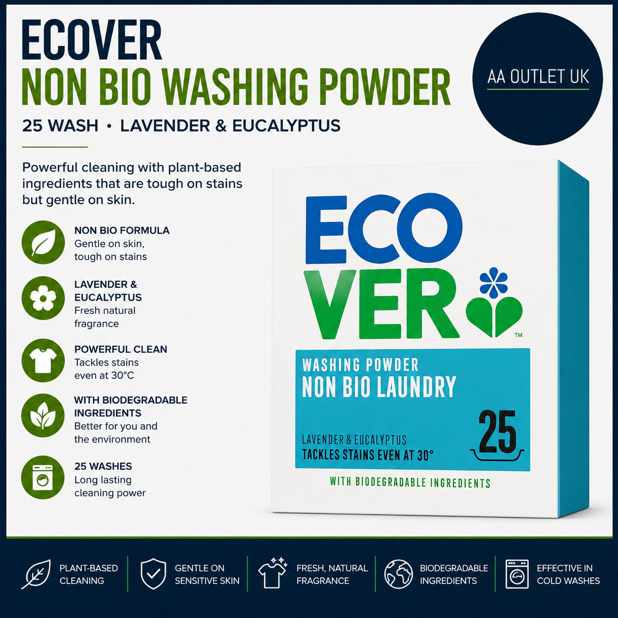 Ecover Non Bio Washing Powder 25 Wash Lavender Eucalyptus Laundry New