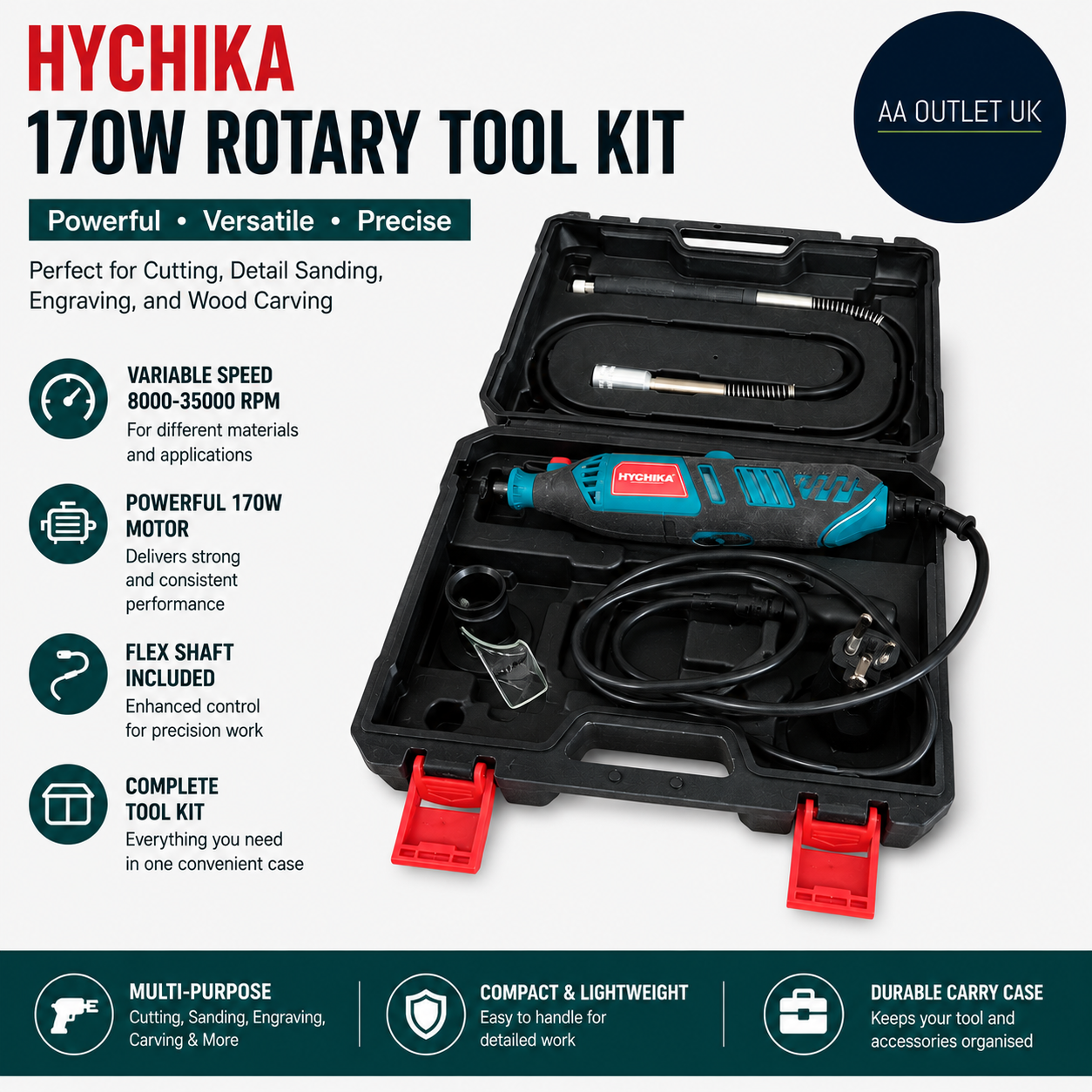 Hychika 170W Rotary Tool Variable Speed Kit Flex Shaft Accessories 8000-35000RPM