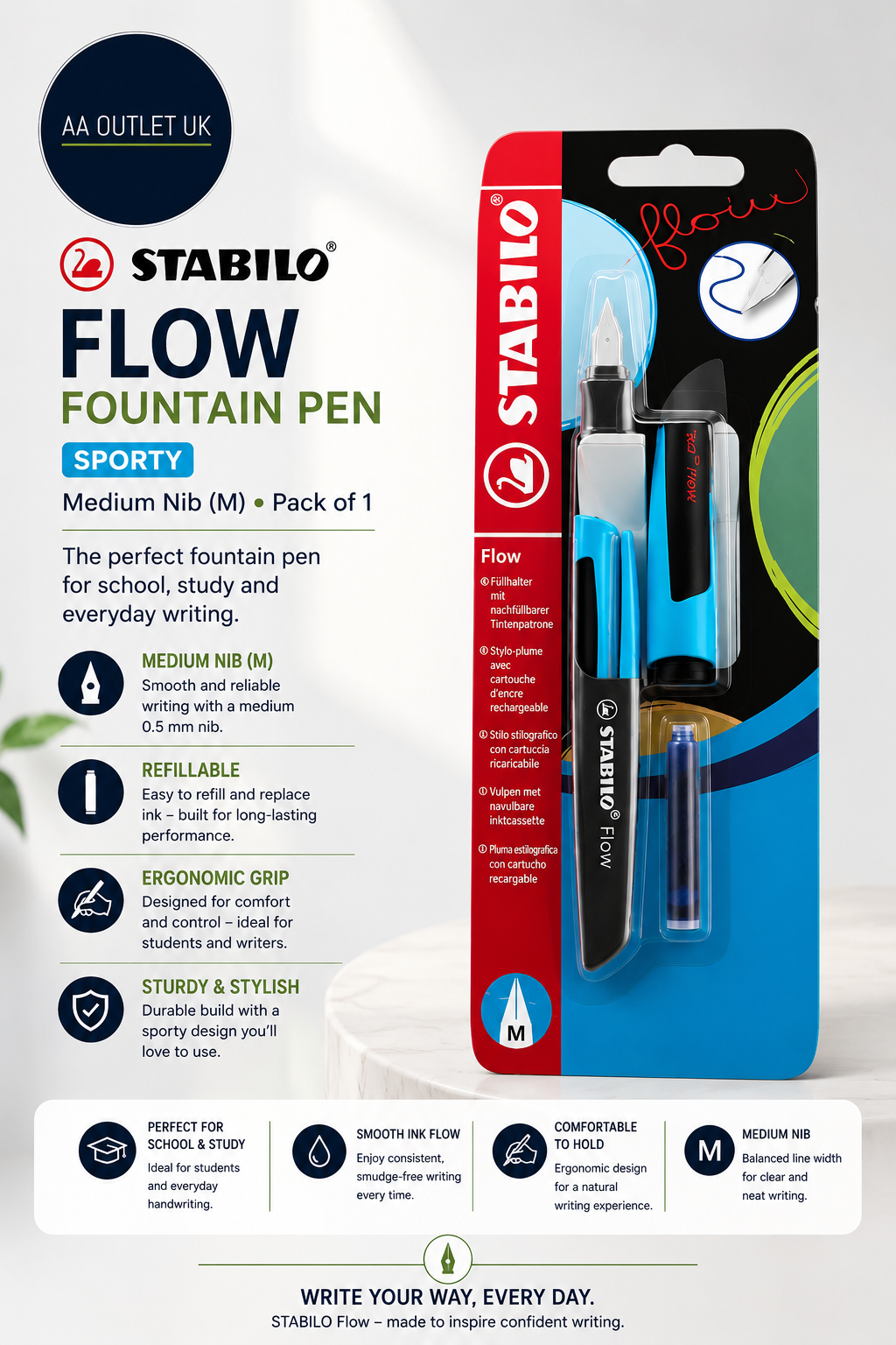 Stabilo Flow Fountain Pen Sporty Medium Nib 1pc Ergonomic Refillable