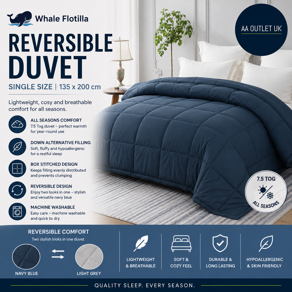 Whale Flotilla Reversible Duvet Single Size All Seasons 7.5 Tog Down 135x200cm